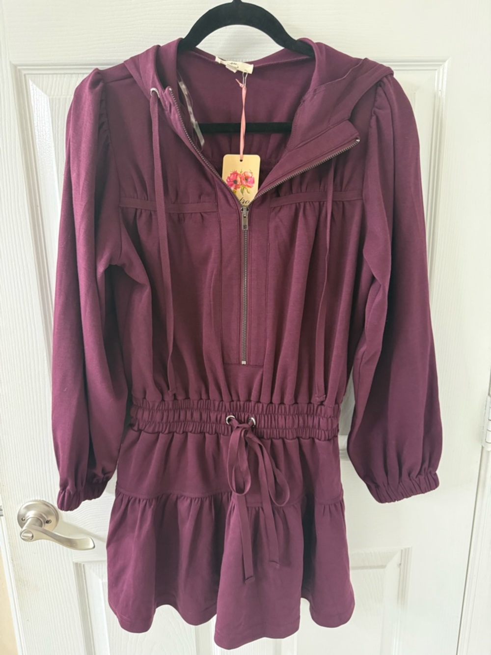 entro Deep Plum Hooded One-Piece Dress with Drawstring Waist (attached shorts)